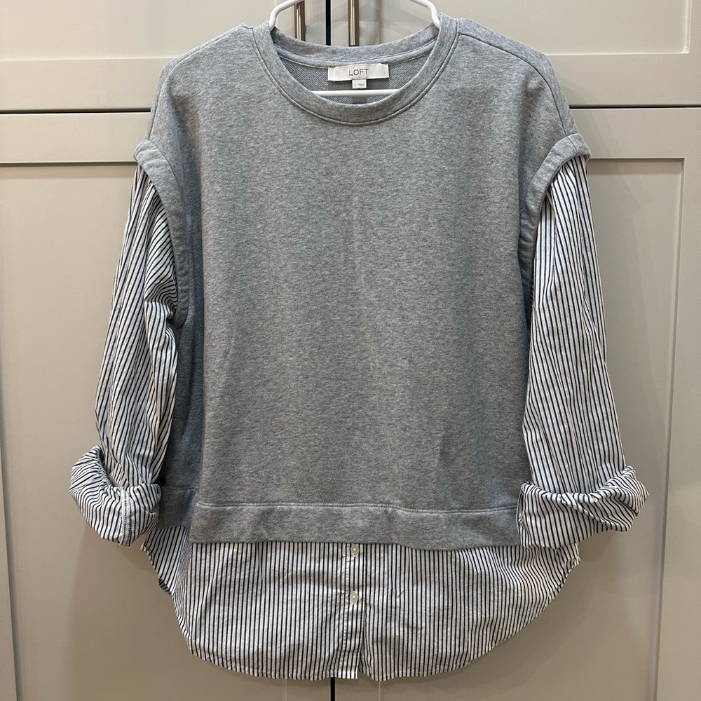 LOFT Grey Sweatshirt with Striped Shirt - L